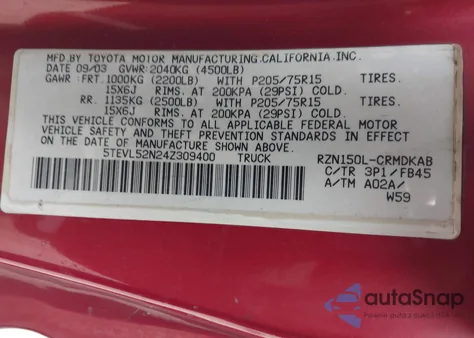 2004 Toyota Tacoma from USA, damaged, VIN 5TEVL52N24Z309400